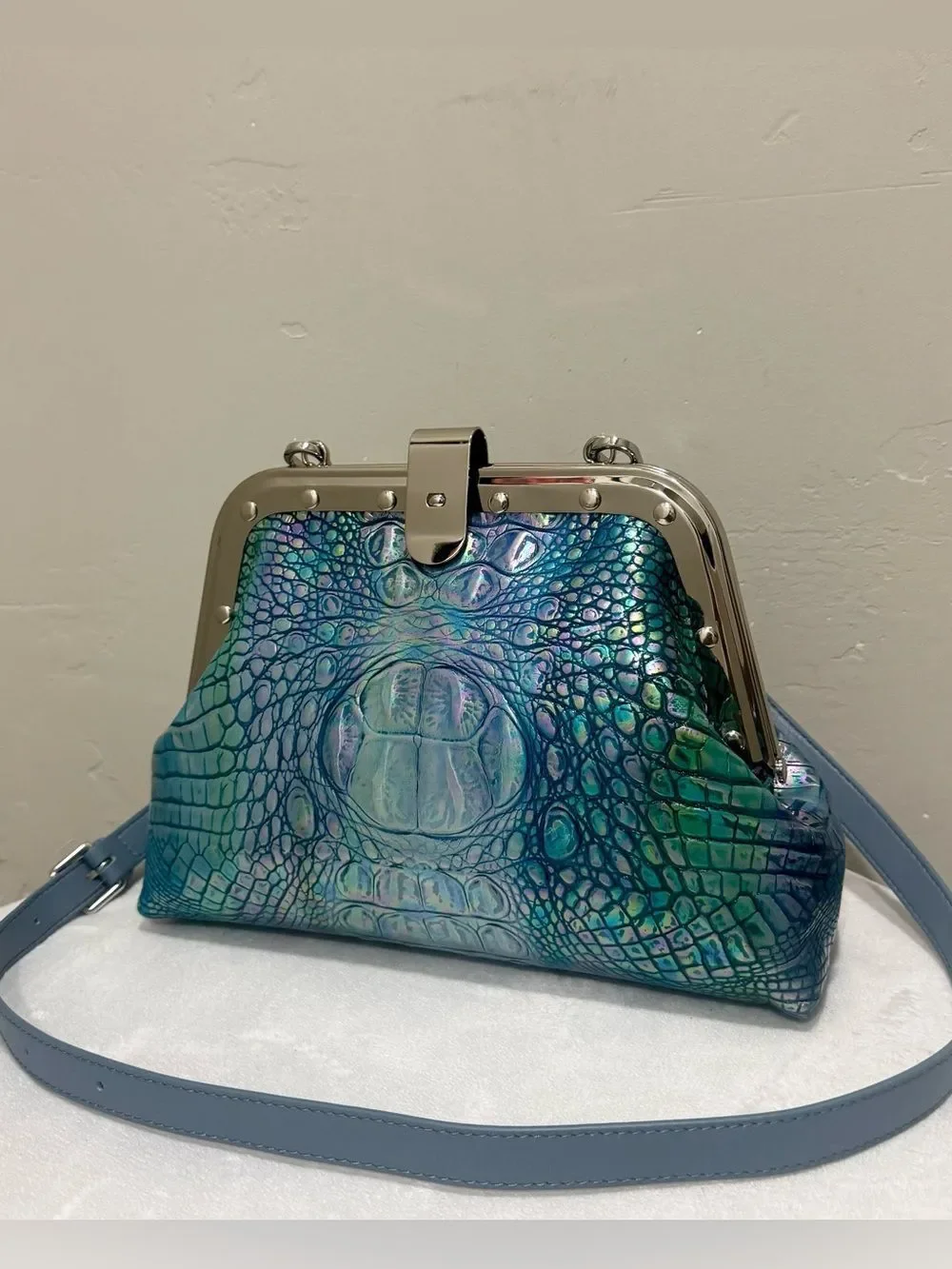 Iridescent Croc-Embossed Cowhide Handmade Unique Rivet Frame Bag, Large Size